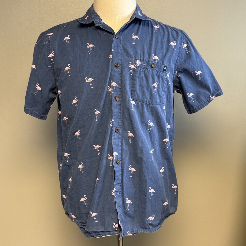 Hurley Flamingo Print Short Sleeve Button-Up Shirt Size M Cotton